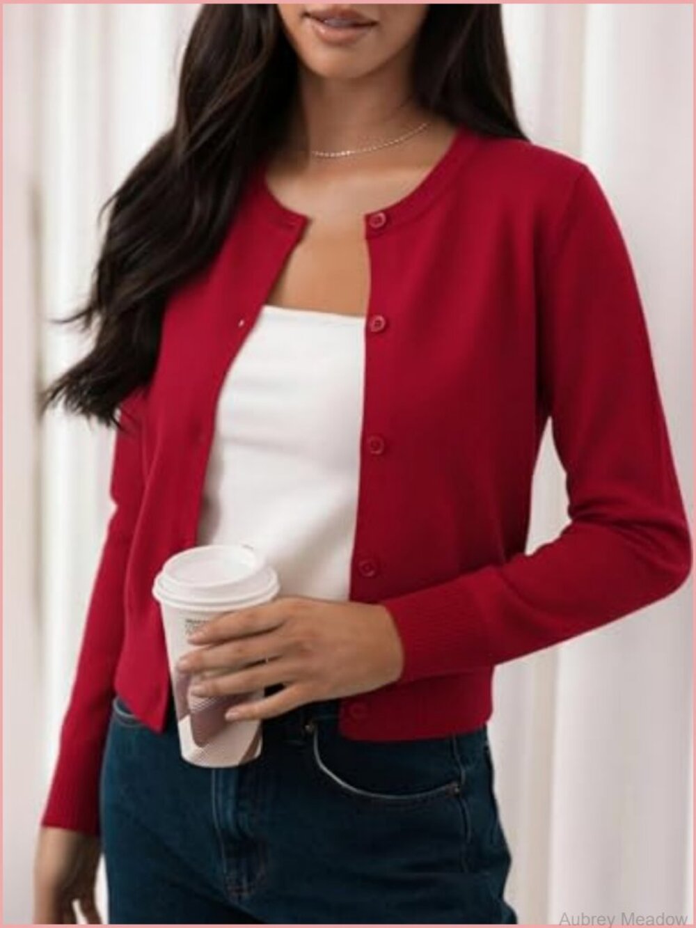 Cropped Cardigan Sweater Women Long Sleeve Crewneck Button Down Knit - Picture 6 of 7